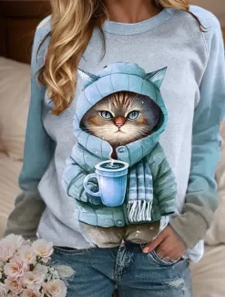 Hot Women's Sweatshirt Pullover Cat Casual Sports Active Sportswear Round Neck Long Sleeve Top Micro-elastic Fall & Winter Comfrt Breathable Soft Fabric Women Hoodies & Sweatshirts