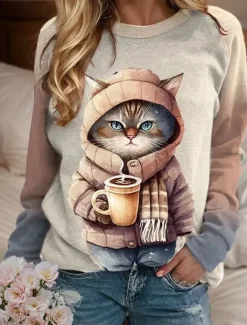 Hot Women's Sweatshirt Pullover Cat Casual Sports Active Sportswear Round Neck Long Sleeve Top Micro-elastic Fall & Winter Comfrt Breathable Soft Fabric Women Hoodies & Sweatshirts