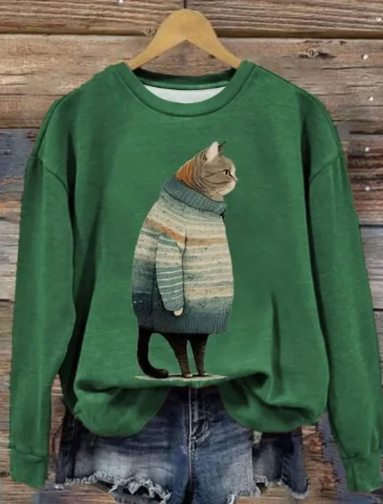 Best Women's Sweatshirt Pullover Cat Casual Sports Print Active Sportswear Round Neck Long Sleeve Top Micro-elastic Fall & Winter Comfrt Breathable Soft Fabric Women Hoodies & Sweatshirts