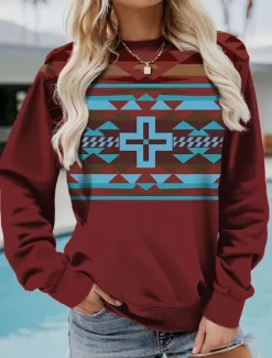 Online Women's Sweatshirt Pullover Geometric Aztecs Street Casual Vintage Sports Ethnic Round Neck Long Sleeve Top Micro-elastic Fall & Winter Comfrt Breathable Soft Fabric Women Hoodies & Sweatshirts
