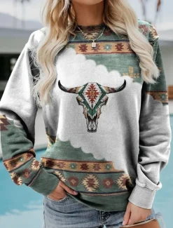 Online Women's Sweatshirt Pullover Geometric Aztecs Street Casual Vintage Sports Ethnic Round Neck Long Sleeve Top Micro-elastic Fall & Winter Comfrt Breathable Soft Fabric Women Hoodies & Sweatshirts