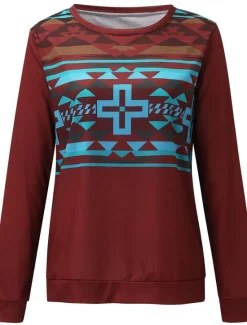 Online Women's Sweatshirt Pullover Geometric Aztecs Street Casual Vintage Sports Ethnic Round Neck Long Sleeve Top Micro-elastic Fall & Winter Comfrt Breathable Soft Fabric Women Hoodies & Sweatshirts