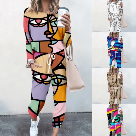 Best Women's Sweatshirt Tracksuit Pants Sets Streetwear Cinched Blue Yellow Going out Casual Daily Graphic Abstract Drawstring Print Crew Neck S M L XL XXL Women Two Piece Sets