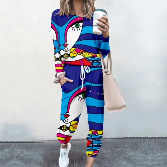 Best Women's Sweatshirt Tracksuit Pants Sets Streetwear Cinched Blue Yellow Going out Casual Daily Graphic Abstract Drawstring Print Crew Neck S M L XL XXL Women Two Piece Sets
