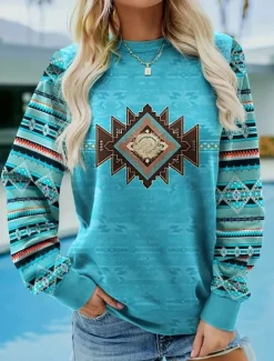Online Women's Sweatshirt Tribal Street Dailywear Print Vintage Ethnic Casual Crew Neck Long Sleeve Micro-elastic Fall Winter Comfrt Breathable Soft Fabric Women Hoodies & Sweatshirts