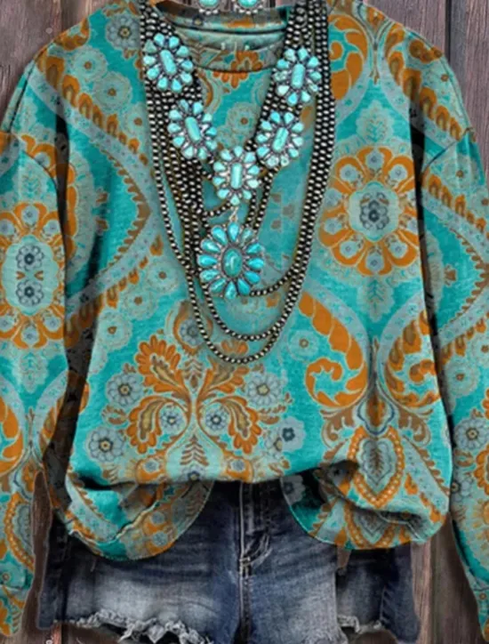 Sale Women's Sweatshirt Vintage Fashion Ethnic Graphic Tie Dye Tribal Home Party Casual Round Neck Patchwork Print Long Sleeve Winter Fall & Winter Women Hoodies & Sweatshirts
