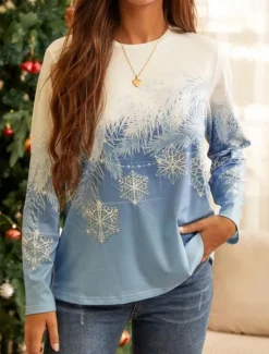 Outlet Women's Sweatshirt Winter Snowflake Print Blue Gradient Casual Comfortable Pullover Regular Fit Holiday Season Cozy Top Prefall Women T-Shirts