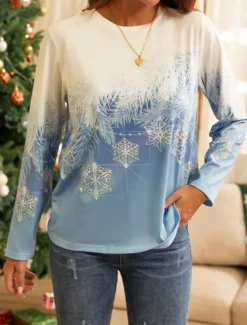 Outlet Women's Sweatshirt Winter Snowflake Print Blue Gradient Casual Comfortable Pullover Regular Fit Holiday Season Cozy Top Prefall Women T-Shirts