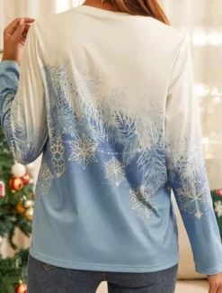 Outlet Women's Sweatshirt Winter Snowflake Print Blue Gradient Casual Comfortable Pullover Regular Fit Holiday Season Cozy Top Prefall Women T-Shirts