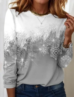 Outlet Women's Sweatshirt Winter Snowflake Print Blue Gradient Casual Comfortable Pullover Regular Fit Holiday Season Cozy Top Prefall Women T-Shirts