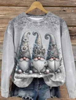 New Women's Sweatshirt Winter Holiday Gnome Print Long Sleeve Crew Neck Snowflake Pattern Festive Casual Comfort Blue Multi-size Women Hoodies & Sweatshirts