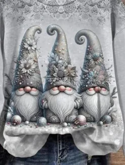 New Women's Sweatshirt Winter Holiday Gnome Print Long Sleeve Crew Neck Snowflake Pattern Festive Casual Comfort Blue Multi-size Women Hoodies & Sweatshirts