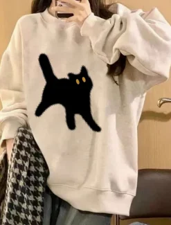 Clearance Women's Sweatshirts Cat Casual Long Sleeve Crew Neck Regular Tops Street Dailywear Print White Beige Gray Fall Winter Women Hoodies & Sweatshirts