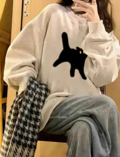 Clearance Women's Sweatshirts Cat Casual Long Sleeve Crew Neck Regular Tops Street Dailywear Print White Beige Gray Fall Winter Women Hoodies & Sweatshirts