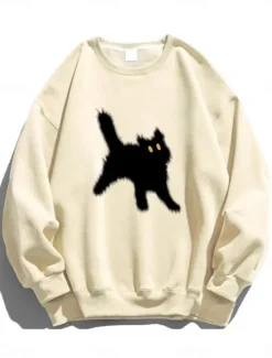Clearance Women's Sweatshirts Cat Casual Long Sleeve Crew Neck Regular Tops Street Dailywear Print White Beige Gray Fall Winter Women Hoodies & Sweatshirts