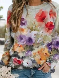 Women's Sweatshirts Floral Graphic Warm Romantic Casual Long Sleeve Crew Neck Round Neck Regular Tops Home Street Dailywear Print Spring Fall Winter Women Hoodies & Sweatshirts