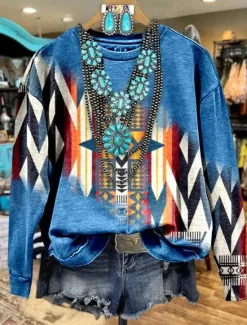 Outlet Women's Sweatshirts Graphic Geometric Casual Long Sleeve Crew Neck Regular Tops Street Dailywear Print Blue Orange Brown Fall Winter Women Hoodies & Sweatshirts