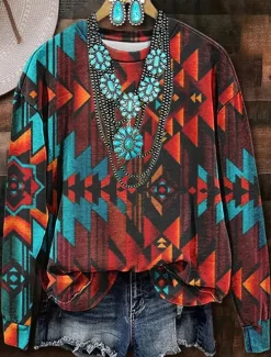 Outlet Women's Sweatshirts Graphic Geometric Casual Long Sleeve Crew Neck Regular Tops Street Dailywear Print Blue Orange Brown Fall Winter Women Hoodies & Sweatshirts