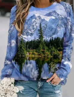 Hot Women's Sweatshirts Graphic Casual Long Sleeve Crew Neck Regular Tops Street Dailywear Casual Print Blue Brown Green Light Blue Spring Fall Winter Women Hoodies & Sweatshirts