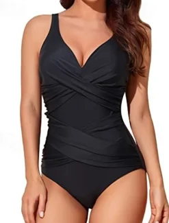 Best Women's Swimsuit V-Neck Ruched One-Piece Sleeveless Stretch Fabric Solid Summer Beach Poolside Vacation Swimwear Tummy Control Bathing Suits Women One-Pieces