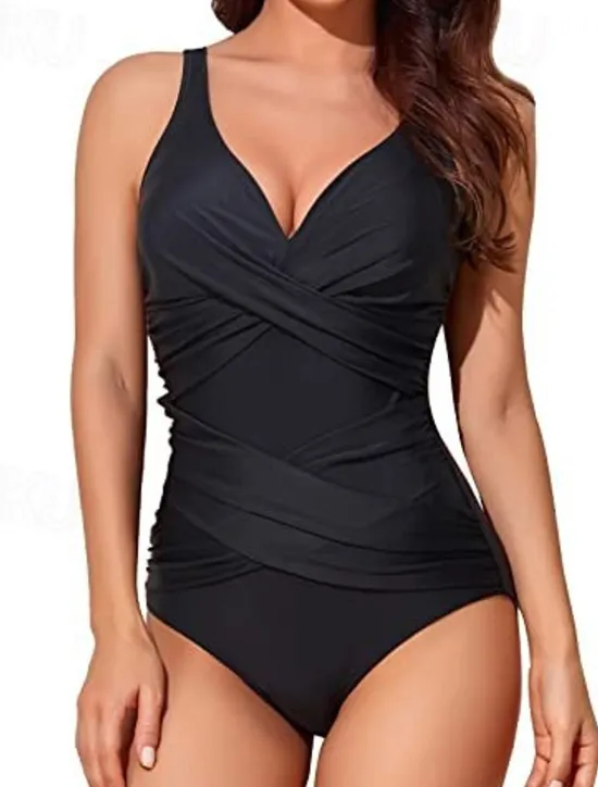 Best Women's Swimsuit V-Neck Ruched One-Piece Sleeveless Stretch Fabric Solid Summer Beach Poolside Vacation Swimwear Tummy Control Bathing Suits Women One-Pieces