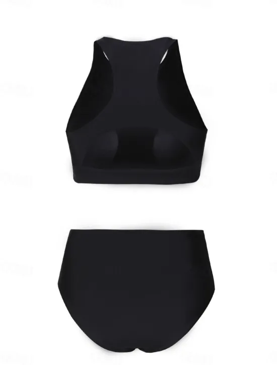 Discount Women's Swimsuits Bikini 2 Piece Briefs Swimsuit Backless Slim Vacation Beach Wear Solid Color Round Neck Sleeveless Bathing Suits Women Bikinis