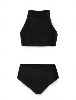 Discount Women's Swimsuits Bikini 2 Piece Briefs Swimsuit Backless Slim Vacation Beach Wear Solid Color Round Neck Sleeveless Bathing Suits Women Bikinis