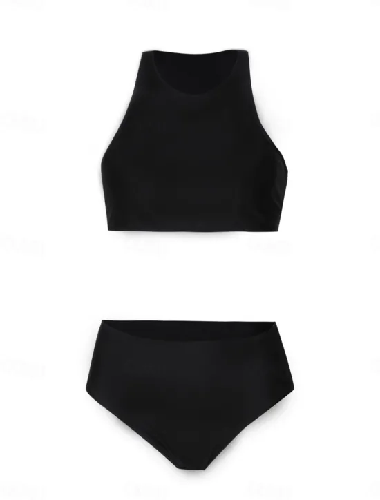 Discount Women's Swimsuits Bikini 2 Piece Briefs Swimsuit Backless Slim Vacation Beach Wear Solid Color Round Neck Sleeveless Bathing Suits Women Bikinis