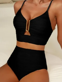 Clearance Women's Swimsuits Bikini 2 Piece Briefs Swimsuit Backless Slim High Waisted Vacation Beach Wear Solid Color V Neck Sleeveless Bathing Suits Women Bikinis
