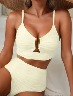 Clearance Women's Swimsuits Bikini 2 Piece Briefs Swimsuit Backless Slim High Waisted Vacation Beach Wear Solid Color V Neck Sleeveless Bathing Suits Women Bikinis