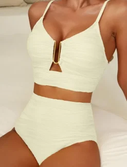 Clearance Women's Swimsuits Bikini 2 Piece Briefs Swimsuit Backless Slim High Waisted Vacation Beach Wear Solid Color V Neck Sleeveless Bathing Suits Women Bikinis