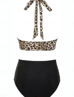 Sale Women's Swimsuits Bikini 2 Piece Briefs Swimsuit Backless Slim Vacation Beach Wear Leopard V Neck Sleeveless Bathing Suits Women Bikinis|Leopard Swimwear