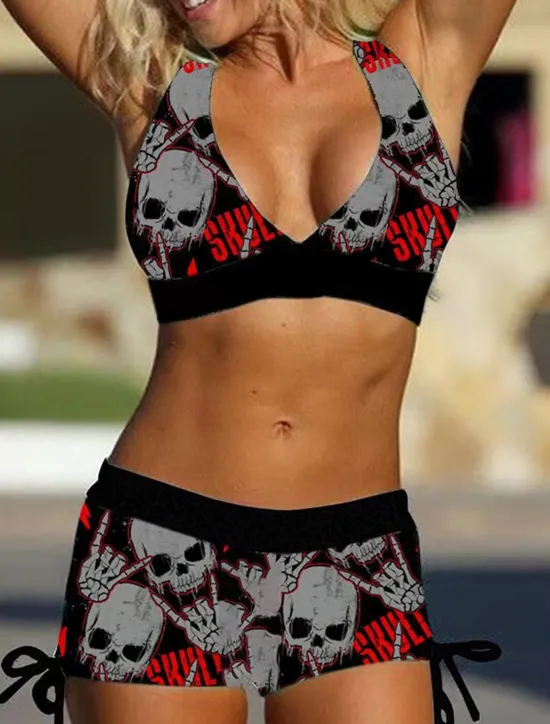 Online Women's Swimsuits Bikini 2 Piece Plus Size Swimsuit Open Back Printing Leopard Skull White Blue Purple Red V Wire Bathing Suits New Vacation Holiday / Modern / Letter / Flower / Padded Bras Women Bikinis