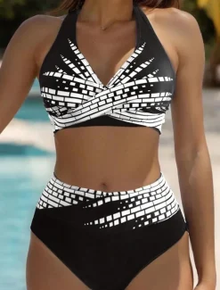 Clearance Women's Swimsuits Bikini 2 Piece Cheeky Swimsuit Backless Vacation Beach Wear Geometric Halter Neck Sleeveless Bathing Suits Women Bikinis