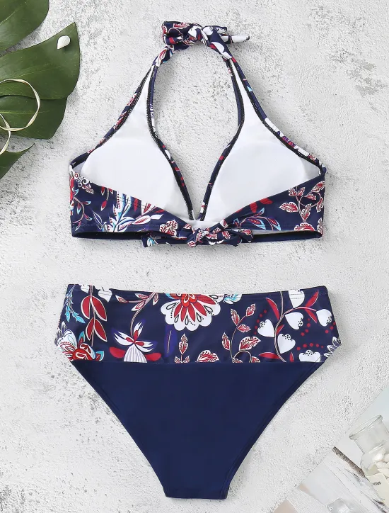 Hot Women's Swimsuits Bikini 2 Piece Cheeky Swimsuit Halter 2 Piece Open Back Sexy Tropical Sexy Floral V Wire Sleeveless Bathing Suits Women Bikinis