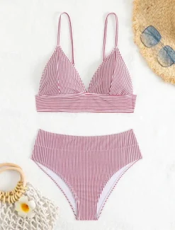 Hot Women's Swimsuits Bikini 2 Piece Cheeky Swimsuit Backless Vacation Beach Wear Striped V Neck Sleeveless Bathing Suits Women Bikinis