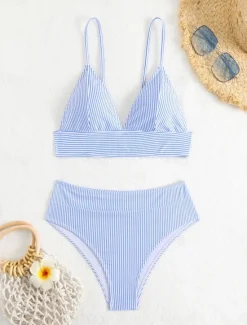 Hot Women's Swimsuits Bikini 2 Piece Cheeky Swimsuit Backless Vacation Beach Wear Striped V Neck Sleeveless Bathing Suits Women Bikinis