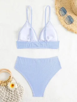Hot Women's Swimsuits Bikini 2 Piece Cheeky Swimsuit Backless Vacation Beach Wear Striped V Neck Sleeveless Bathing Suits Women Bikinis