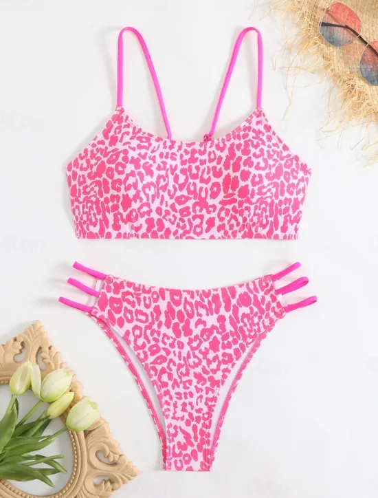 New Women's Swimsuits Bikini 2 Piece Cheeky Swimsuit Backless Slim Vacation Beach Wear Leopard Scoop Neck Sleeveless Bathing Suits Women Bikinis|Leopard Swimwear