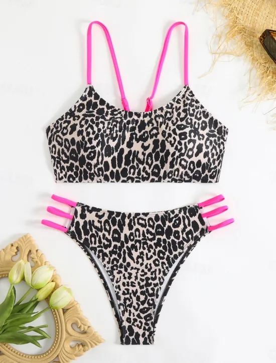 New Women's Swimsuits Bikini 2 Piece Cheeky Swimsuit Backless Slim Vacation Beach Wear Leopard Scoop Neck Sleeveless Bathing Suits Women Bikinis|Leopard Swimwear