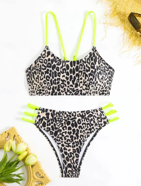 New Women's Swimsuits Bikini 2 Piece Cheeky Swimsuit Backless Slim Vacation Beach Wear Leopard Scoop Neck Sleeveless Bathing Suits Women Bikinis|Leopard Swimwear