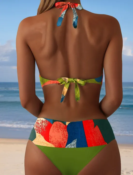 Hot Women's Swimsuits Bikini 2 Piece Cheeky Swimsuit Halter Vintage Sexy Graphic Geometric Plunge Sleeveless Bathing Suits Women Bikinis