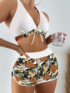 Discount Women's Swimsuits Bikini 2 Piece Shorts Swimsuit Backless Slim Vacation Beach Wear Floral Halter Neck Sleeveless Bathing Suits Women Bikinis