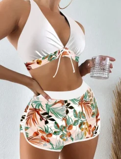Discount Women's Swimsuits Bikini 2 Piece Shorts Swimsuit Backless Slim Vacation Beach Wear Floral Halter Neck Sleeveless Bathing Suits Women Bikinis