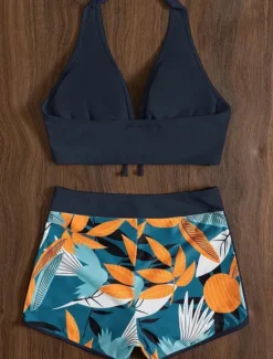Discount Women's Swimsuits Bikini 2 Piece Shorts Swimsuit Backless Slim Vacation Beach Wear Floral Halter Neck Sleeveless Bathing Suits Women Bikinis