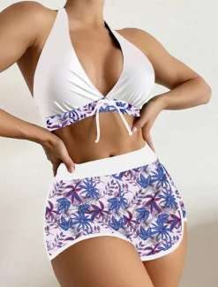 Discount Women's Swimsuits Bikini 2 Piece Shorts Swimsuit Backless Slim Vacation Beach Wear Floral Halter Neck Sleeveless Bathing Suits Women Bikinis