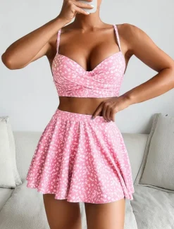 Best Women's Swimsuits Bikini Three Piece Skirt Swimsuit Backless Slim Vacation Beach Wear Floral V Neck Sleeveless Bathing Suits Women Bikinis
