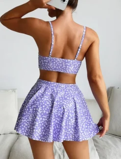 Best Women's Swimsuits Bikini Three Piece Skirt Swimsuit Backless Slim Vacation Beach Wear Floral V Neck Sleeveless Bathing Suits Women Bikinis