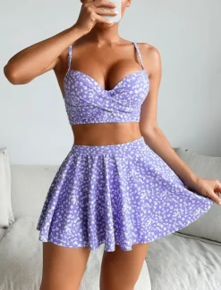 Best Women's Swimsuits Bikini Three Piece Skirt Swimsuit Backless Slim Vacation Beach Wear Floral V Neck Sleeveless Bathing Suits Women Bikinis