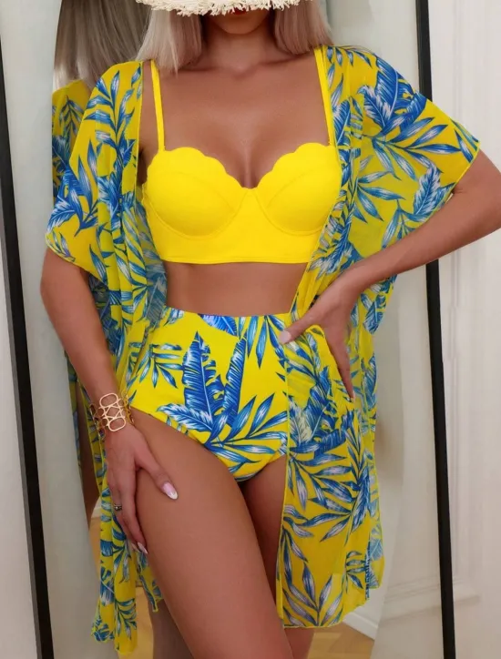 New Women's Swimsuits Bikini Three Piece Briefs Swimsuit Backless Tummy Control High Waist Slim Vacation Beach Wear Leaves V Neck Long Sleeve Bathing Suits Women Bikinis